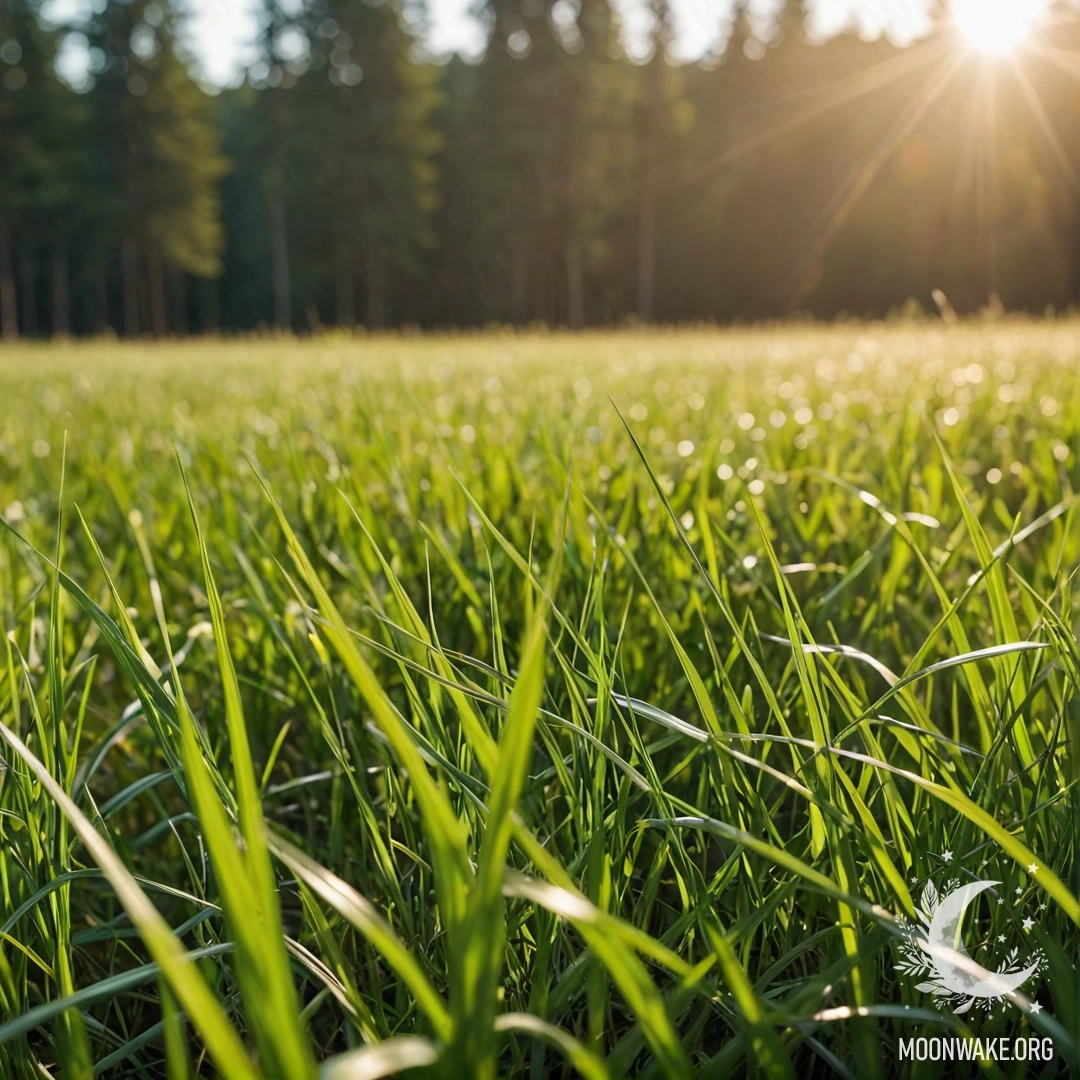 Крупный план нежных травинок на светлом поле с размытым фоном леса.
