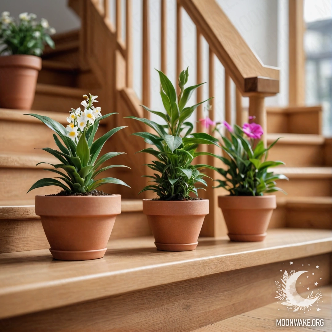 Фотореалистичное изображение цветочных горшков с линзами на деревянной лестнице.