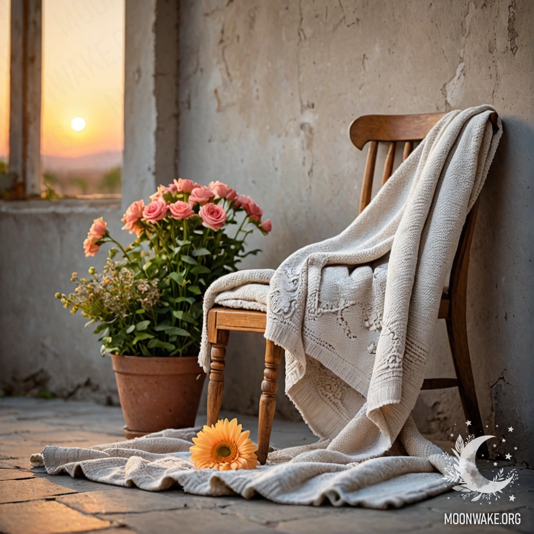 Минималистичная композиция: стул с пледом и букетом цветов на фоне заката и обветшалой стены.