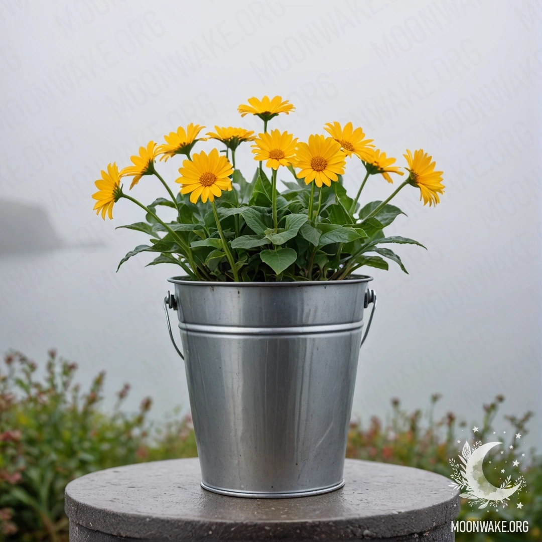 Минимальная композиция цветов в маленьком металлическом ведре на фоне размытого моря с густым туманом.