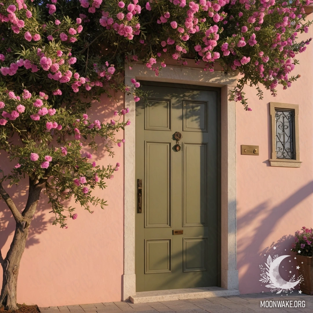 Небольшой цветочный горшок в форме ведёрка с цветами на фоне морского пейзажа в тумане.