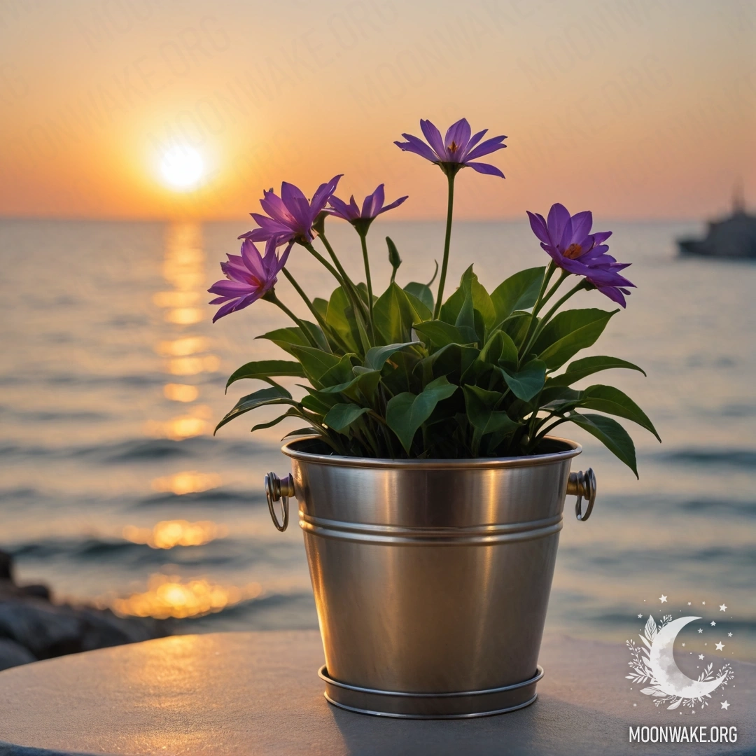 Фотореалистичное изображение минималистичных цветов в металлическом ведерке на фоне моря с размытым закатом.
