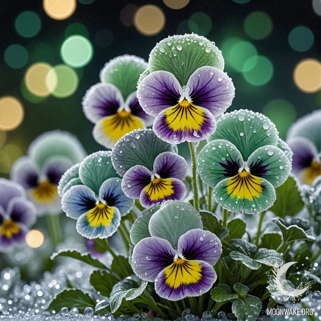 Минималистичное изображение фиалок, покрытых морозом ночью, с блестками.