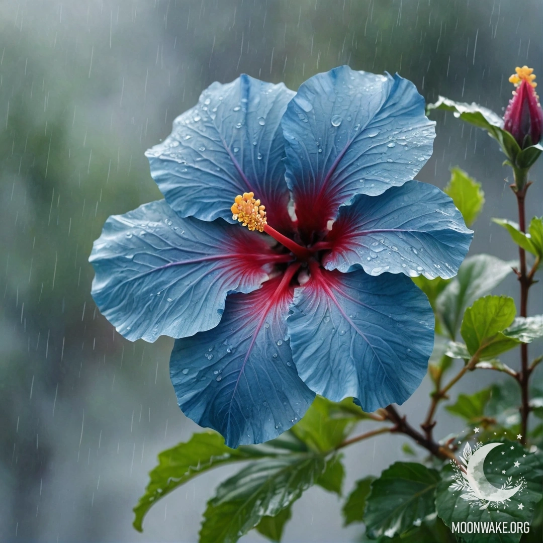 Акварельная картина с изображением гибискуса в тумане под дождем, с синими оттенками и солнечными лучами на фоне.