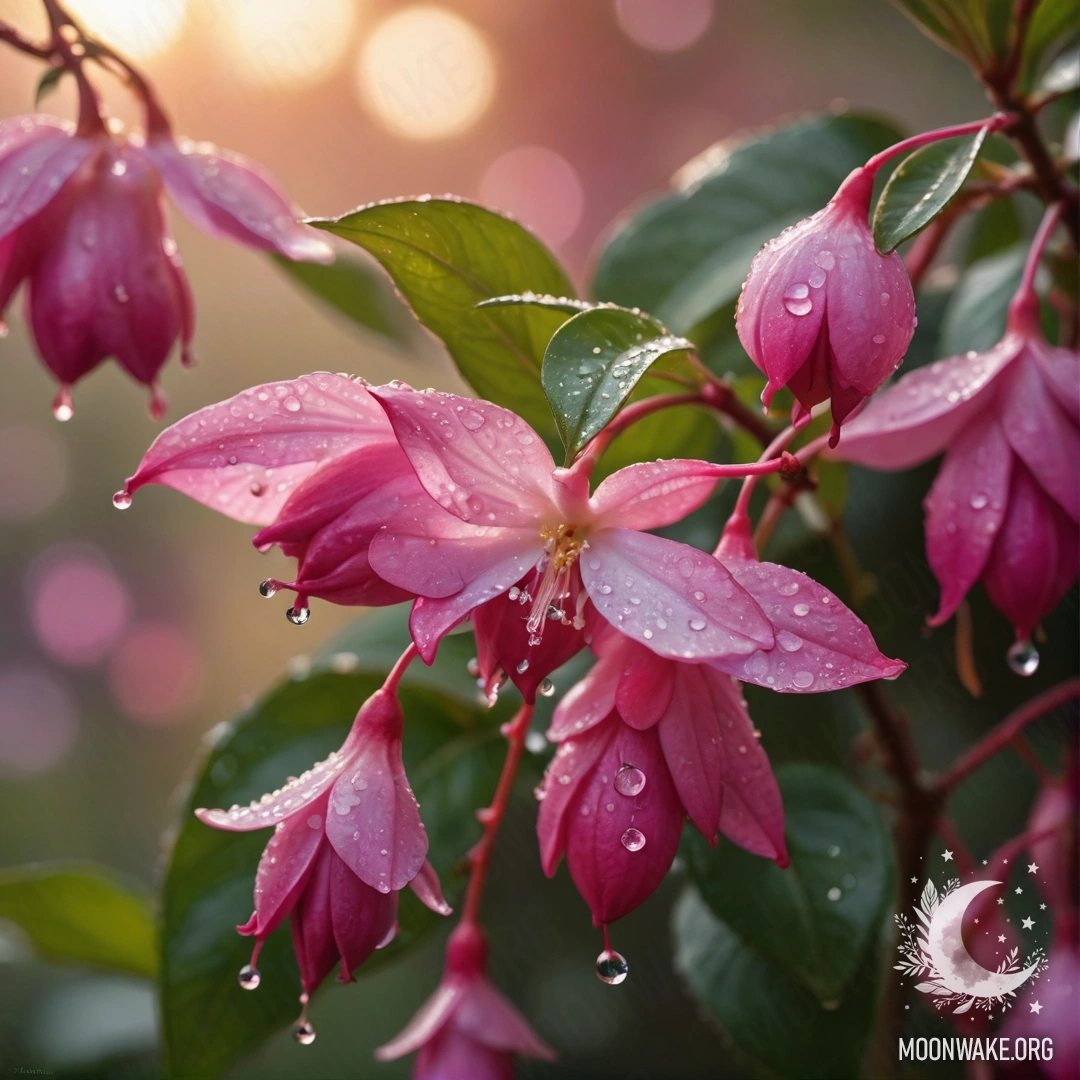 Акварельная картина с цветами жасмина, покрытыми каплями росы на закате, с фуксиевыми узорами.