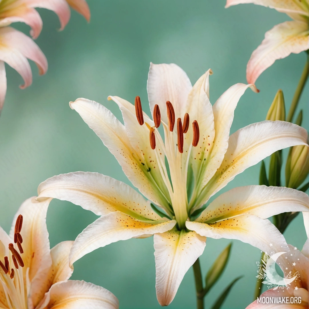 Минималистичная акварельная картина с бледными лилиями на мягком пастельном фоне.