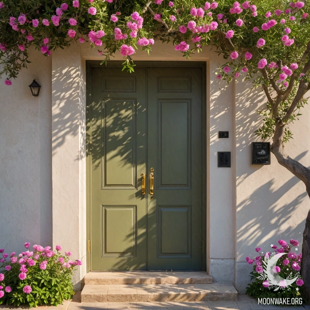 Минималистская оливковая дверь под цветущим деревом с розовыми цветами и солнечными лучами.