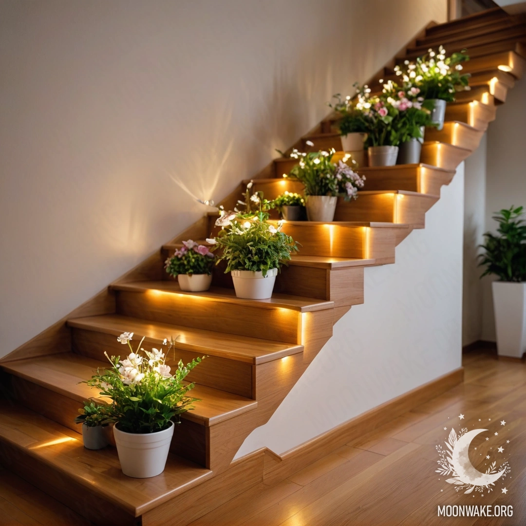 Минималистичная деревянная лестница, украшенная цветочными горшками и нежными гирляндами света.