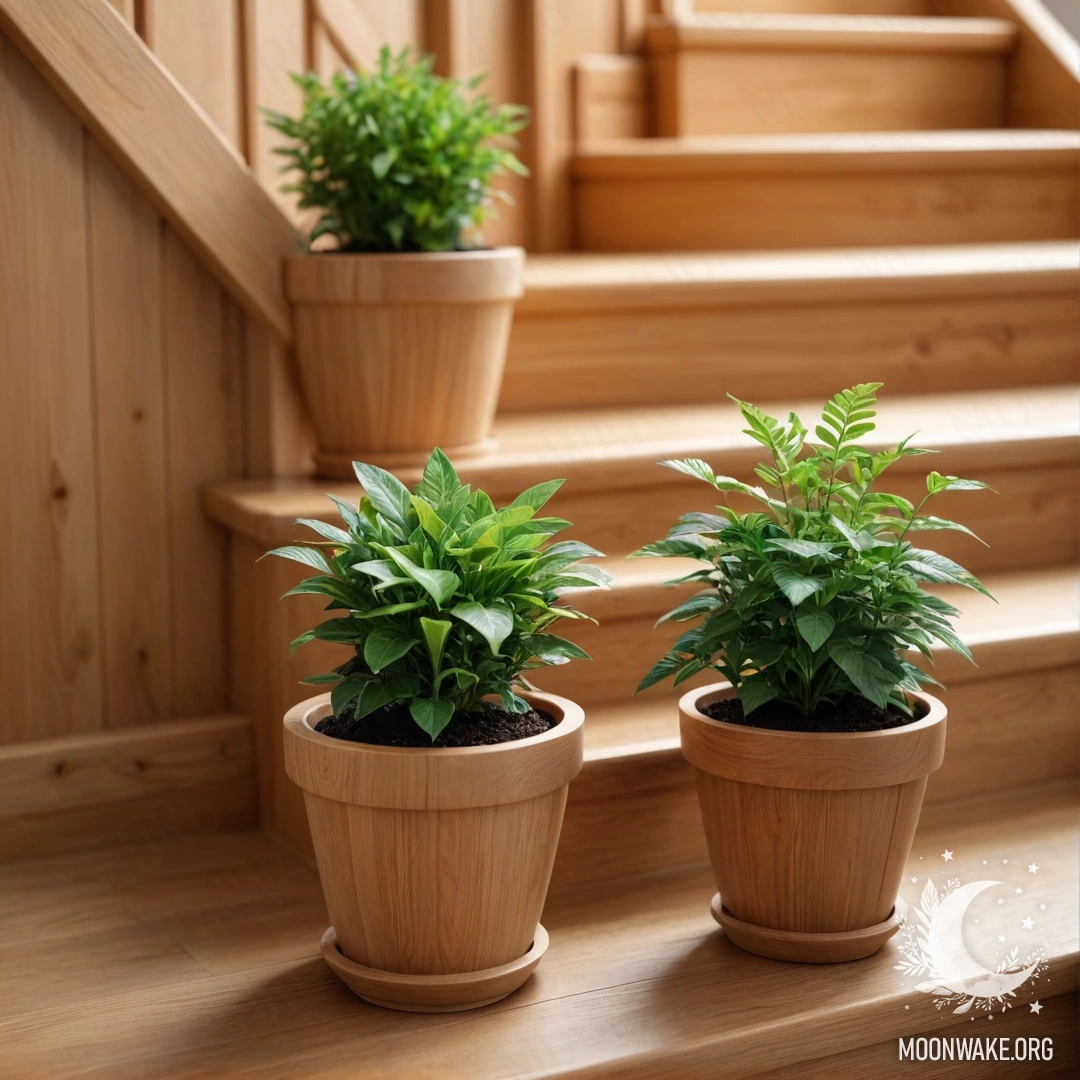 Деревянная лестница, украшенная цветочными горшками, создающая атмосферу спокойствия.