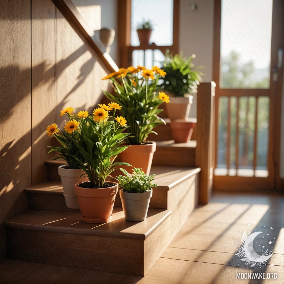 Деревянная лестница, украшенная цветочными горшками под солнечными лучами.