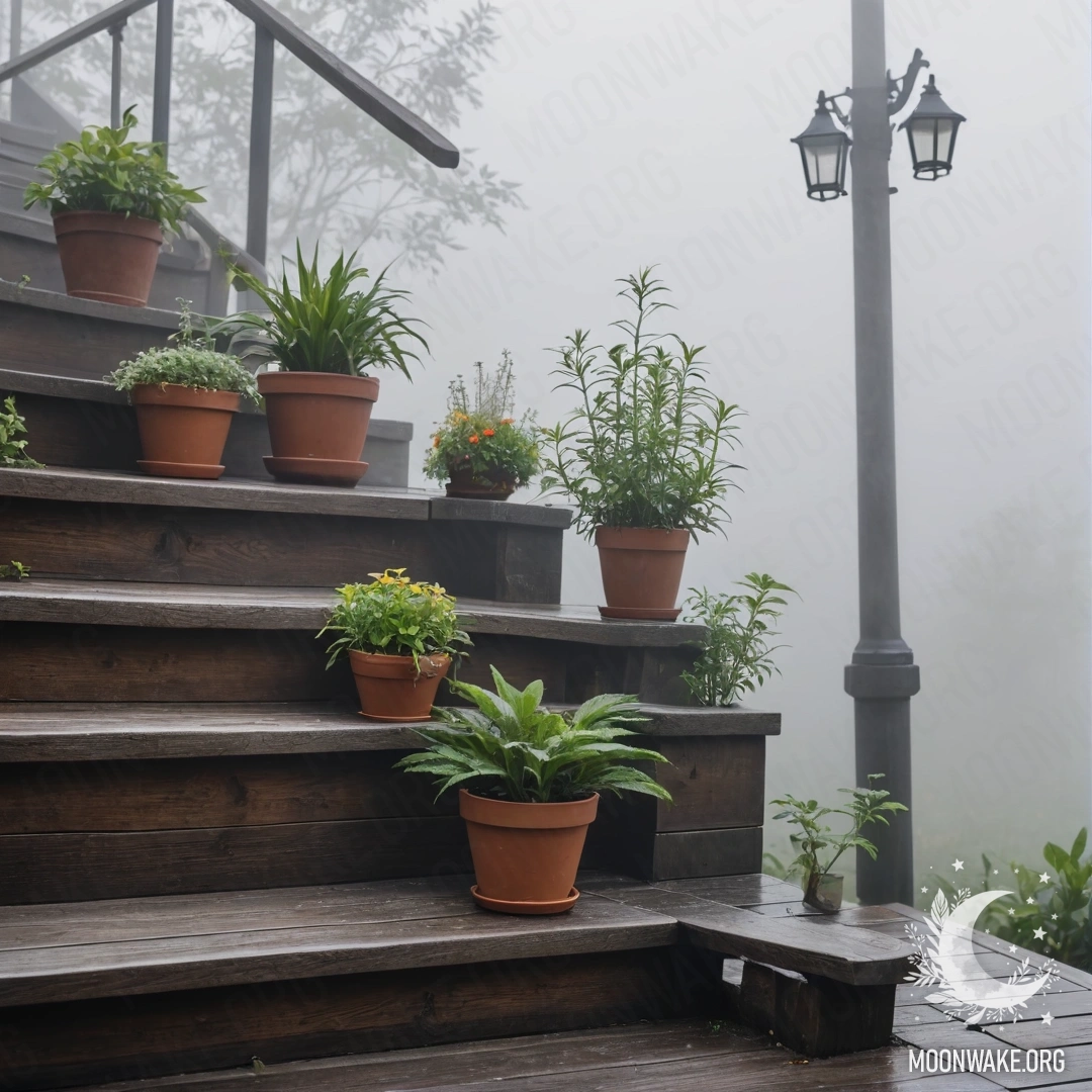 Деревянная лестница, окутанная густым туманом, с цветочными горшками