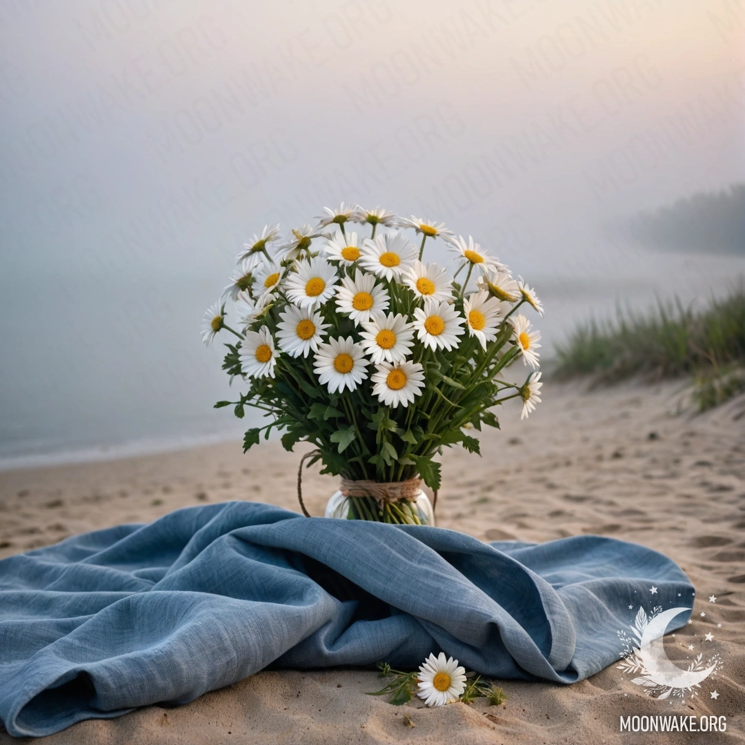 Песчаный пляж на закате со straw-сумкой, в которой находится синяя скатерть и ромашки, окутанные густым туманом.