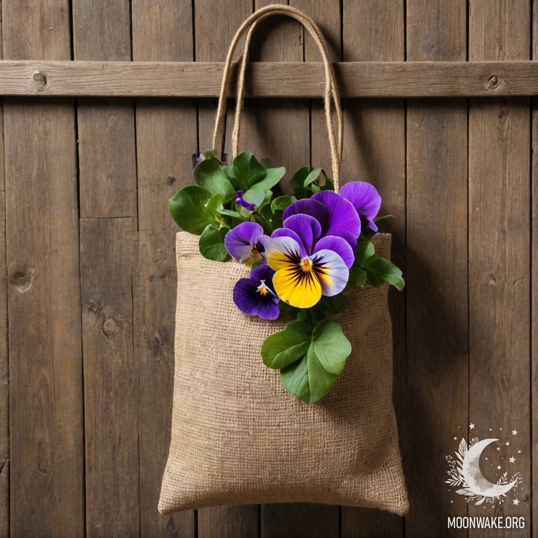 Мешочек из мешковины, наполненный фиалками, висит на потрепанной деревянной стене.