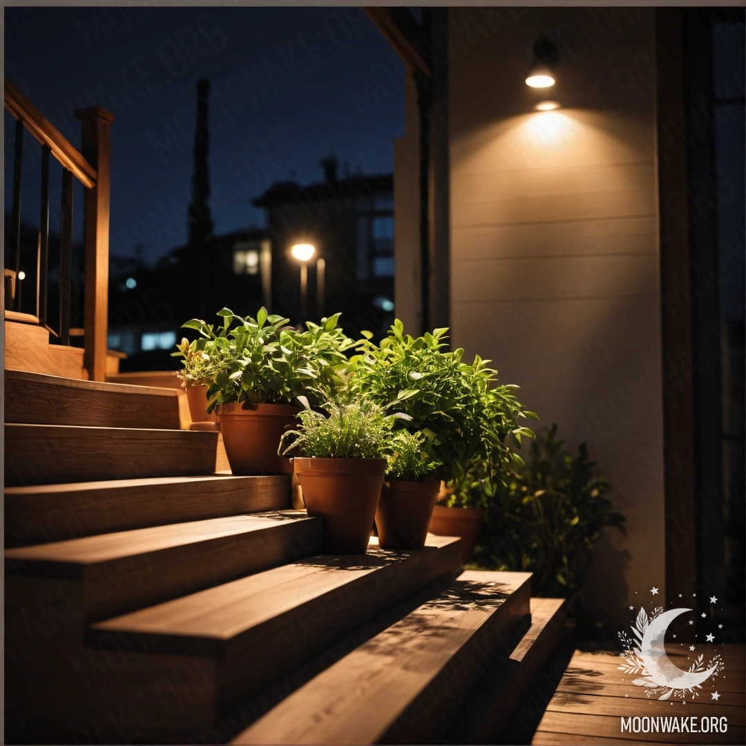 Деревянная лестница, украшенная цветочными горшками, в ночное время, мягко освещенная.