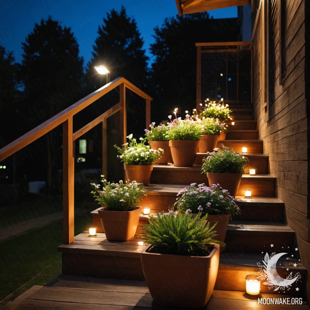 Деревянная лестница ночью, украшенная цветочными горшками.