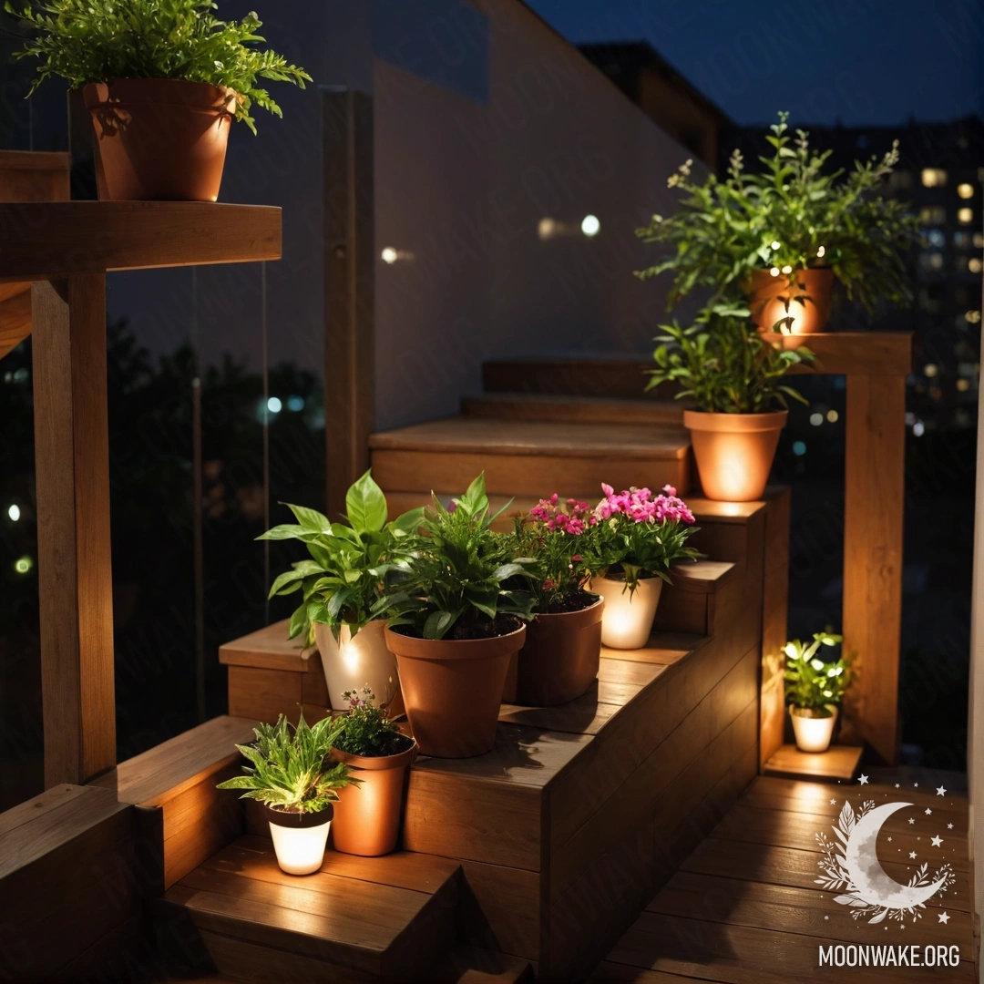 Деревянная лестница, украшенная цветочными горшками ночью.