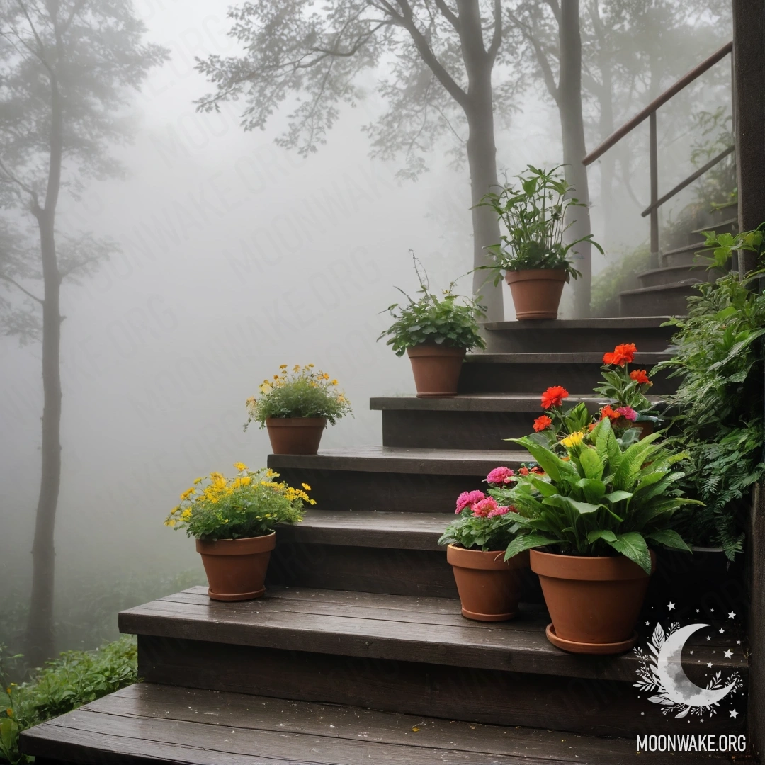 Деревянная лестница, украшенная цветочными горшками, окутанная густым туманом.