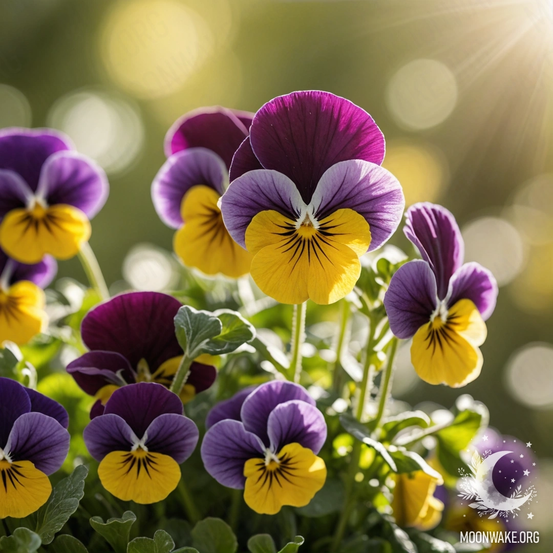 Минималистичная фотография с анютиными глазками на фоне солнечных лучей и оливкового цвета.