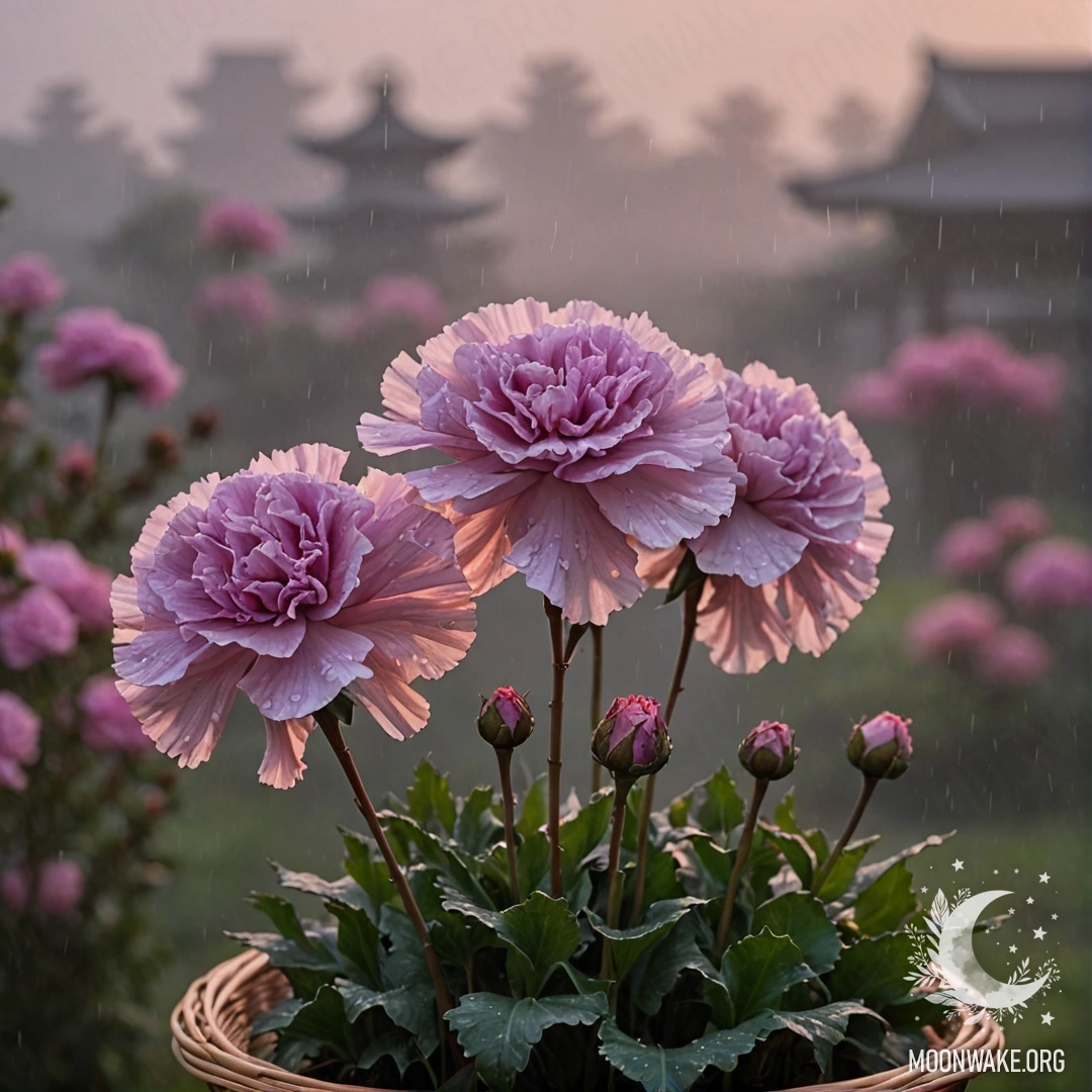 Пурпурная гвоздика в корзине, окруженная туманом и дождем на закате.