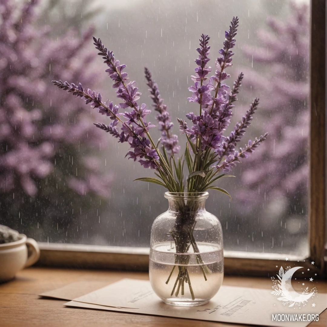 Минималистская ваза с веточками сакуры под нежным дождём и солнечными лучами.