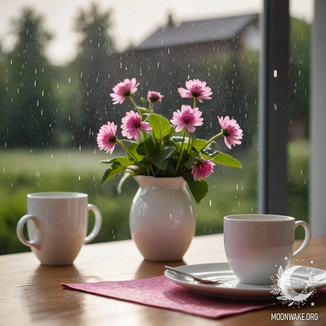 Круглая соломенная салфетка с белыми фарфоровыми чашками с розовым узором, рядом с клевером в белом вазе под дождем.