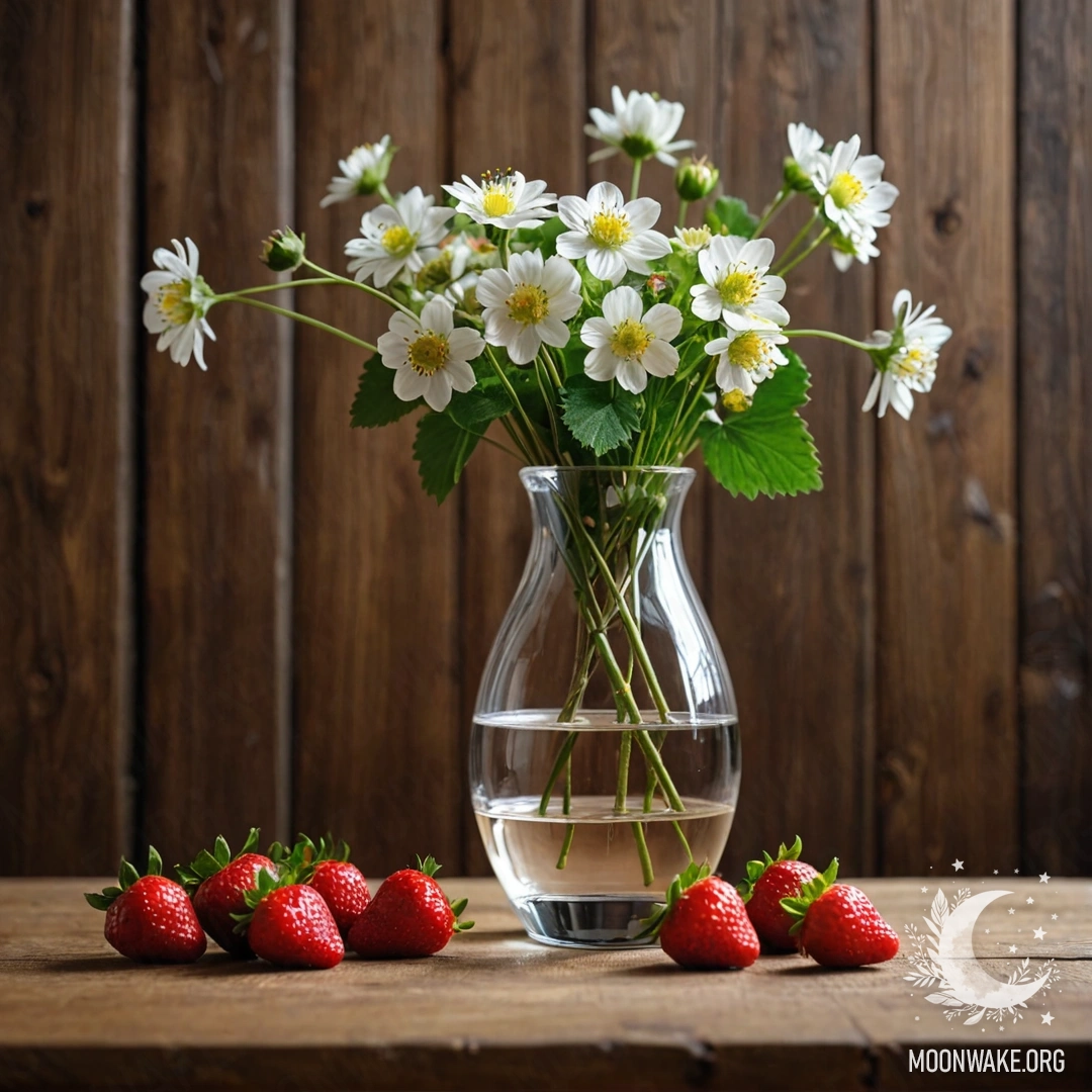 Стеклянная ваза с ветвями, на которых растут клубника и цветы, на деревянном фоне в ночное время.