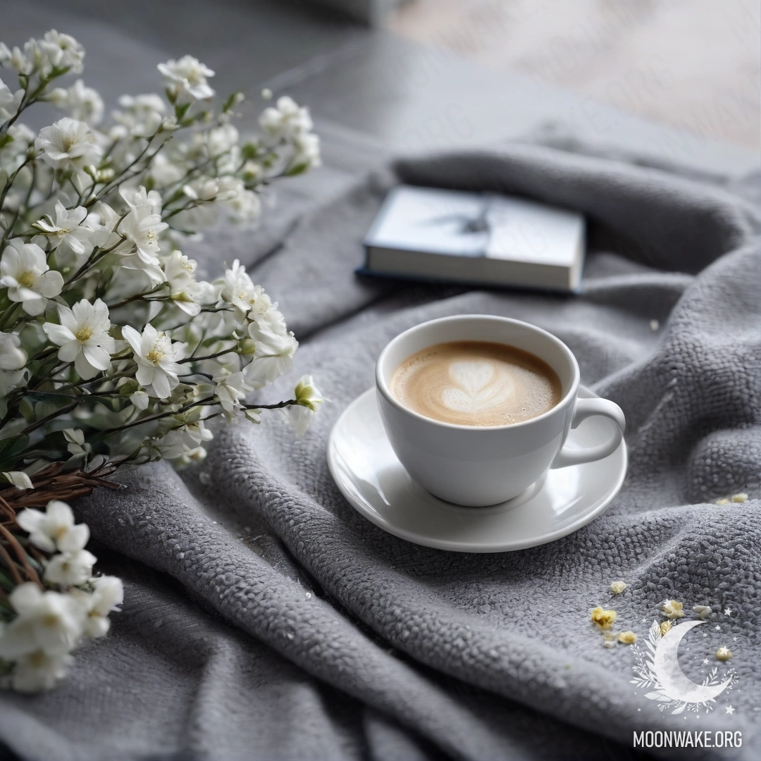 Близкий план белого стула с серым вязаным пледом, книгой, веточкой с белыми цветами и белой чашкой кофе под дождем.