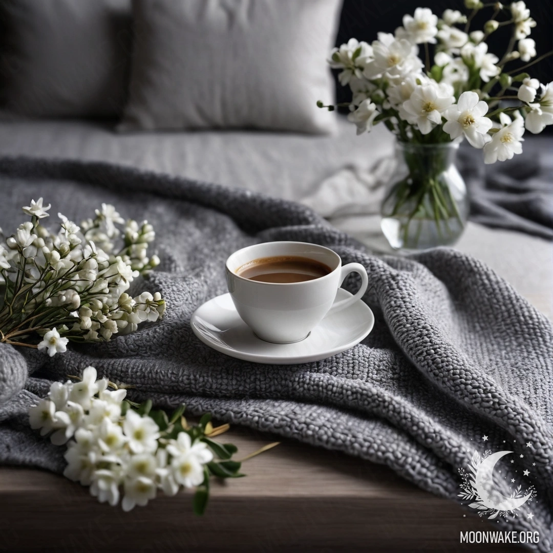 Крупный план белого стула с серым пледом, книгой, белыми цветами и чашкой кофе.