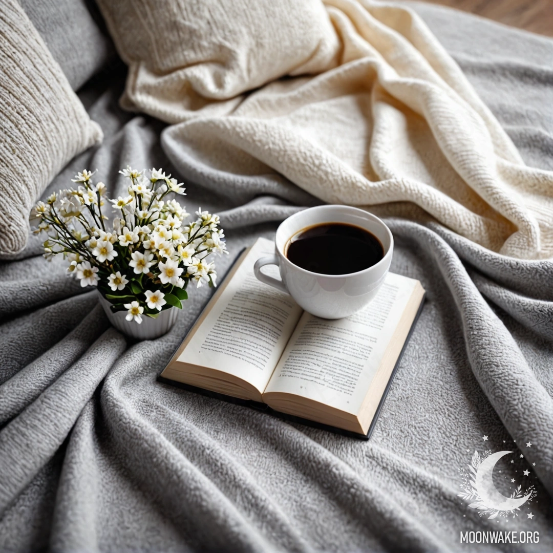 Крупный план белого стула, на котором лежит серое вязаное одеяло, книга, ветка с белыми цветами и белая чашка кофе, освещенные мягкими солнечными лучами.