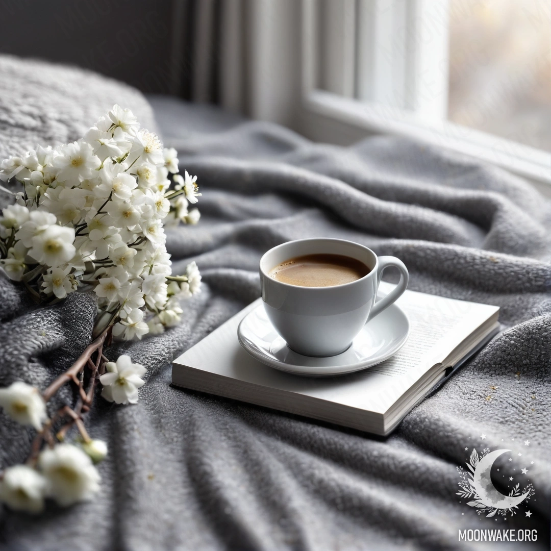Крупный план белого кресла с серым вязаным пледом, книгой, веточкой с белыми цветами и чашкой кофе.