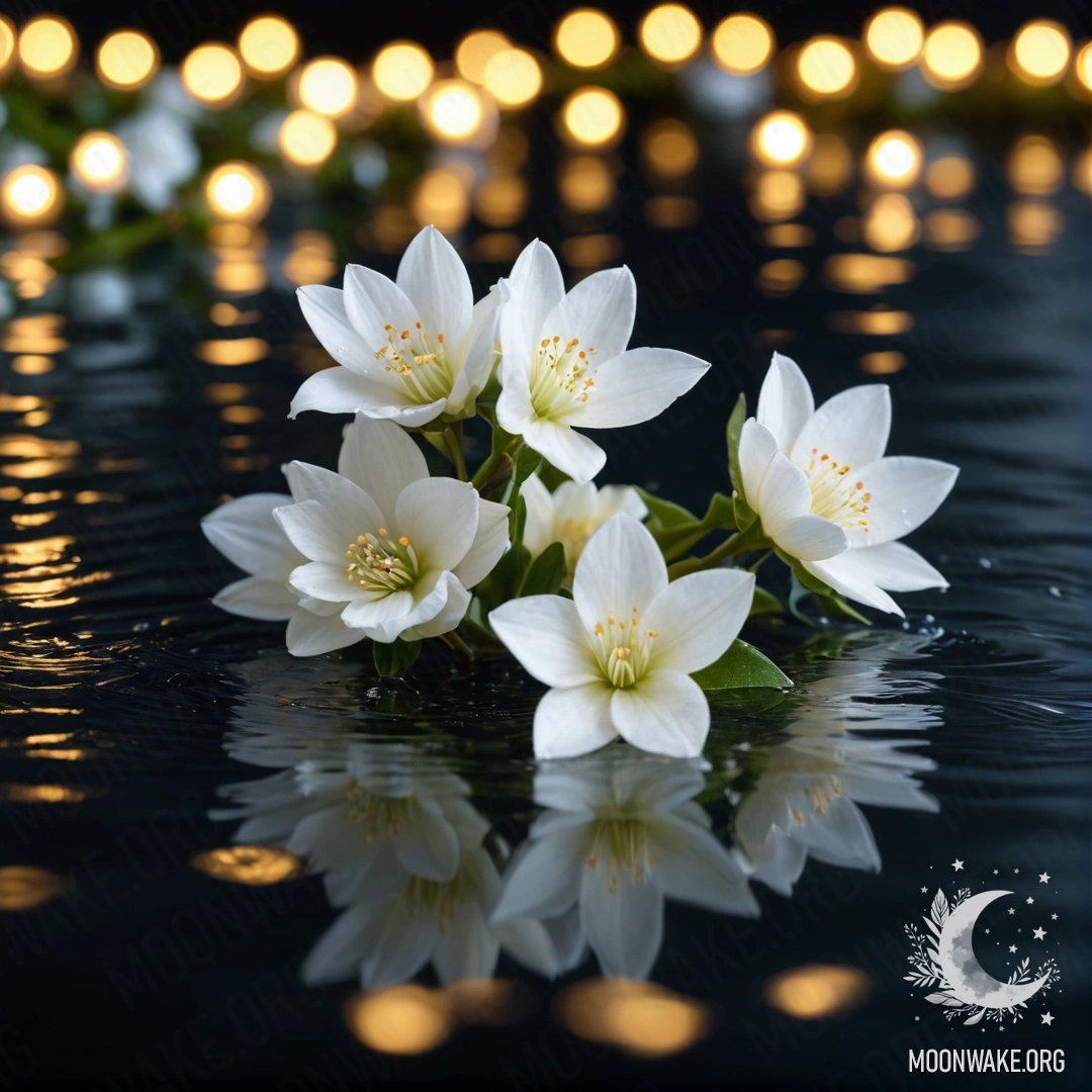 Спокойное изображение белых цветов, плавающих на гладкой водной поверхности, освещённых мягким светом гирлянды.