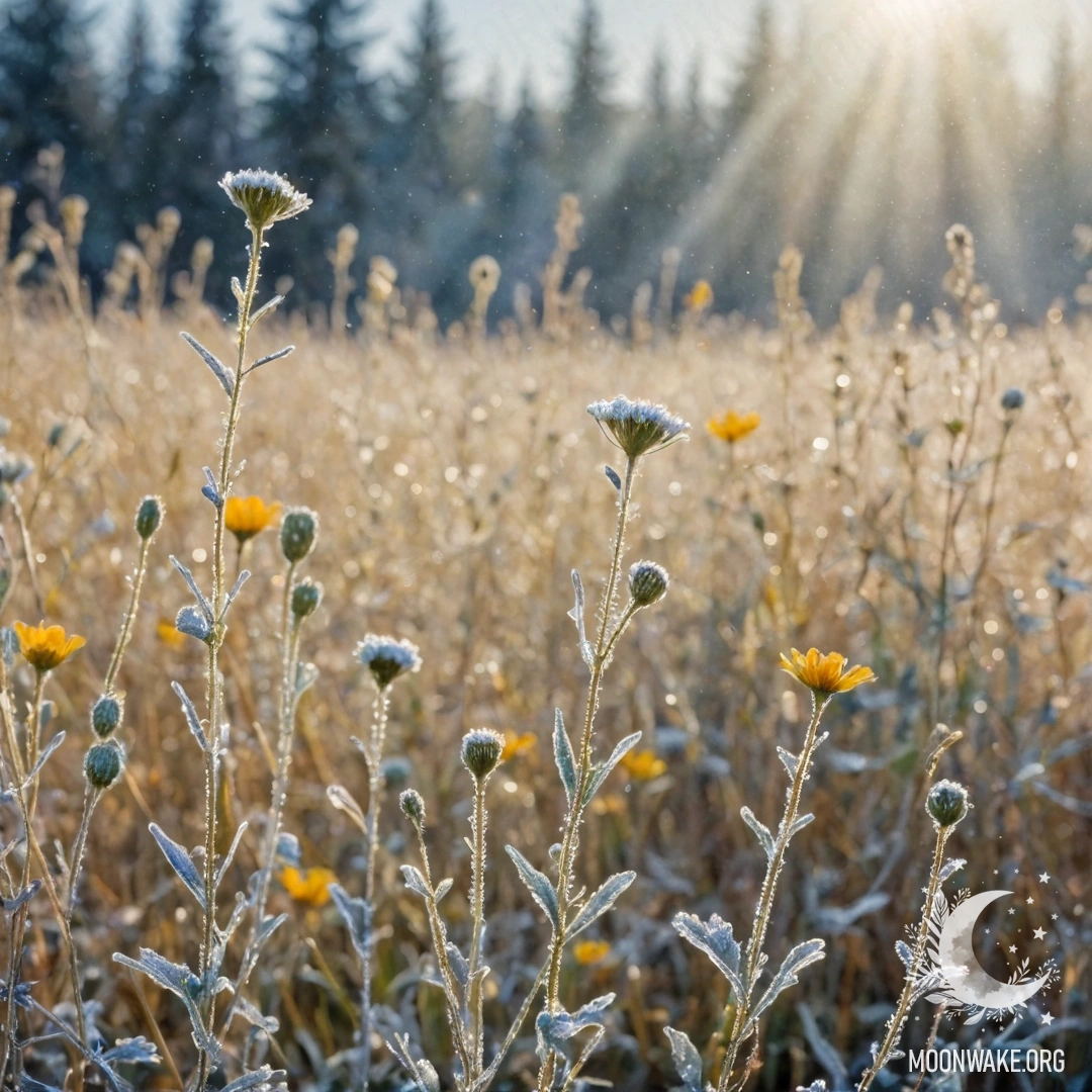 Нежное сочетание полевых цветов, покрытых инеем, освещенное золотыми солнечными лучами.