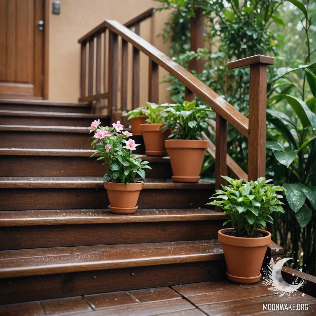 Минималистская деревянная лестница с горшками, стоящими под дождем.