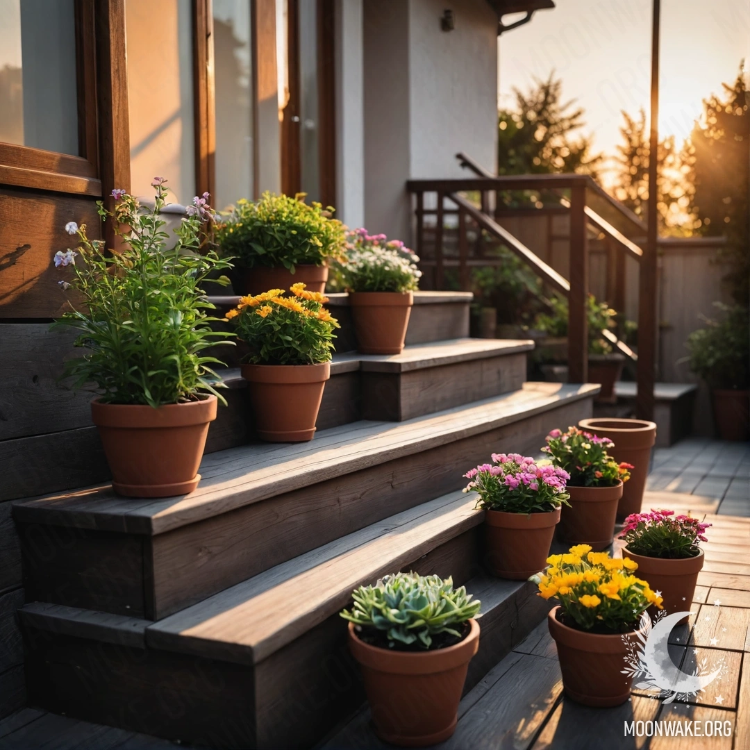 Деревянная лестница, украшенная цветочными горшками и залитая закатным светом.