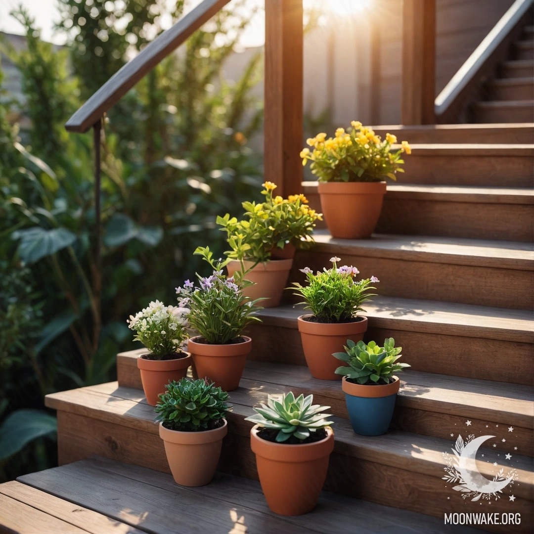 Деревянная лестница, украшенная цветочными горшками на фоне заката.