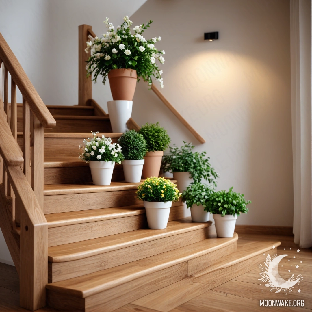Деревянная лестница, украшенная цветочными горшками и мягким светом гирлянды.