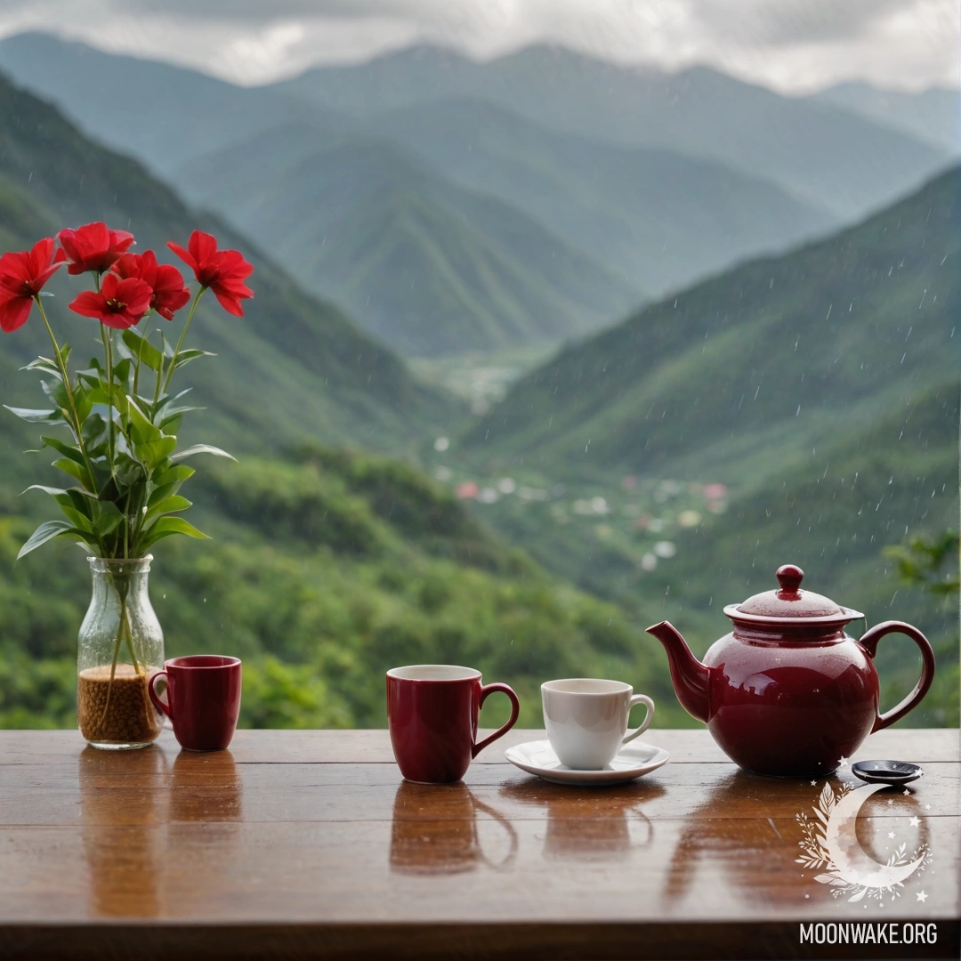 Деревянный стол с банкой красных цветов, кофейником и чашками под дождем, на фоне гор.