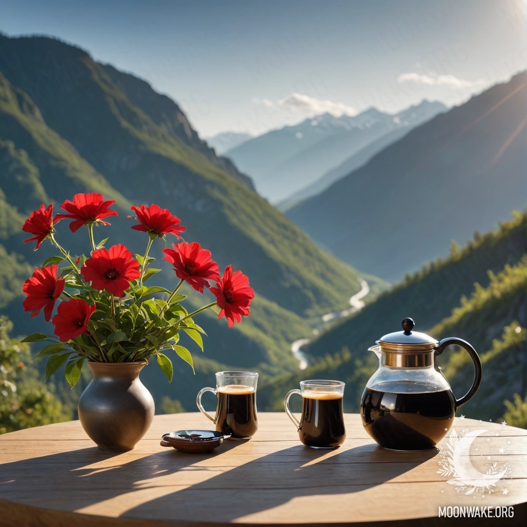 Минималистичный деревянный стол на фоне величественных гор, на котором стоят банка с красными цветами и кофейник с чашками, освещенные солнечными лучами.