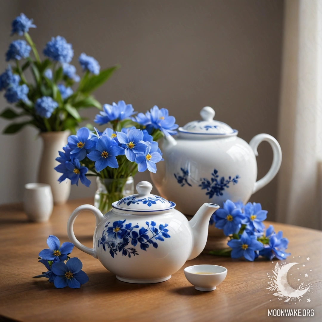 Круглый деревянный стол, украшенный фарфоровым чайником с синими цветами.