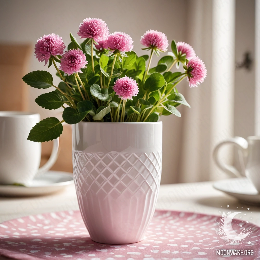 Фотореалистичная корзина с маленькими белыми цветами на деревянном столе ночью, освещенная наклонными солнечными лучами.