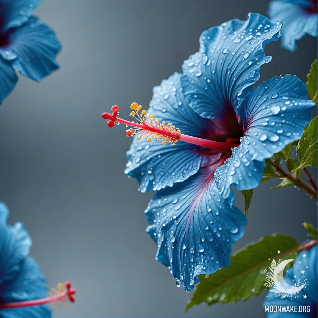 Минималистичное изображение с синими цветами гибискуса, украшенными каплями росы.
