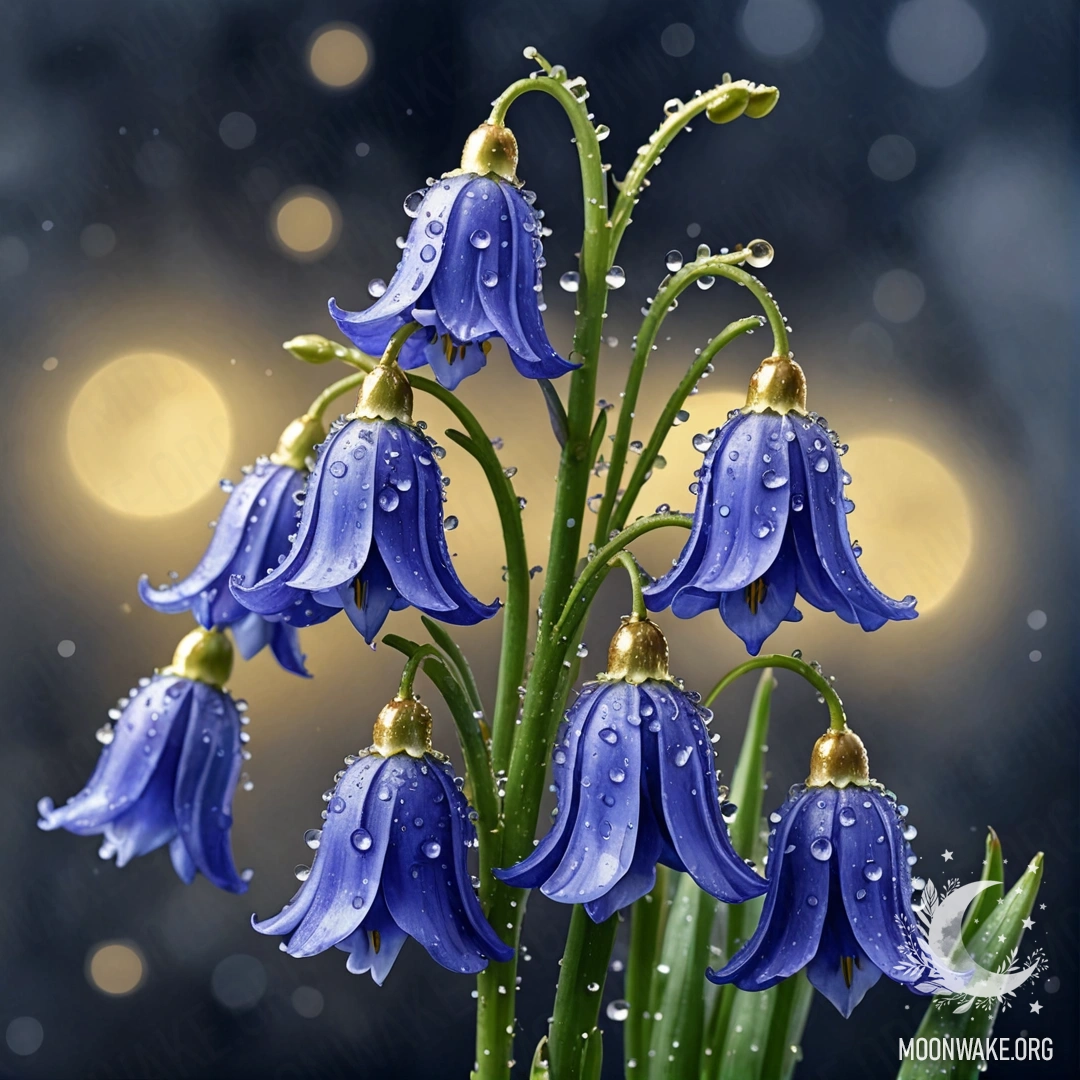 Акварельная картина букета голубых колокольчиков с каплями росы на ночь.