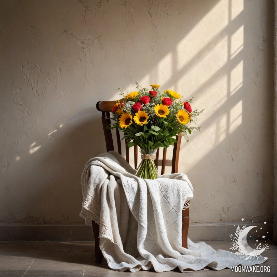 Уютное кресло с пледом и букетом цветов на нем, на фоне потертой стены с падающим солнечным светом.