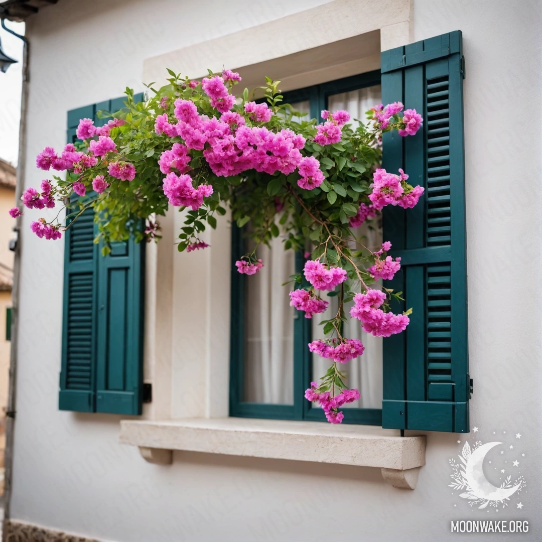 Нежная ветка с розовыми цветами на фоне белой стены, мягко освещенная буклом тёплых гирляндных огней.