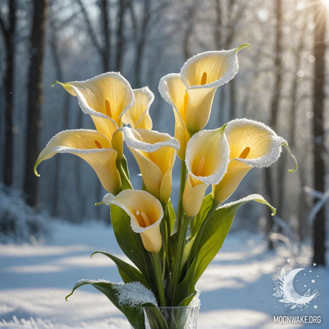 Букет желтых лилий, покоящийся среди морозного покрова, залитый солнечными лучами.