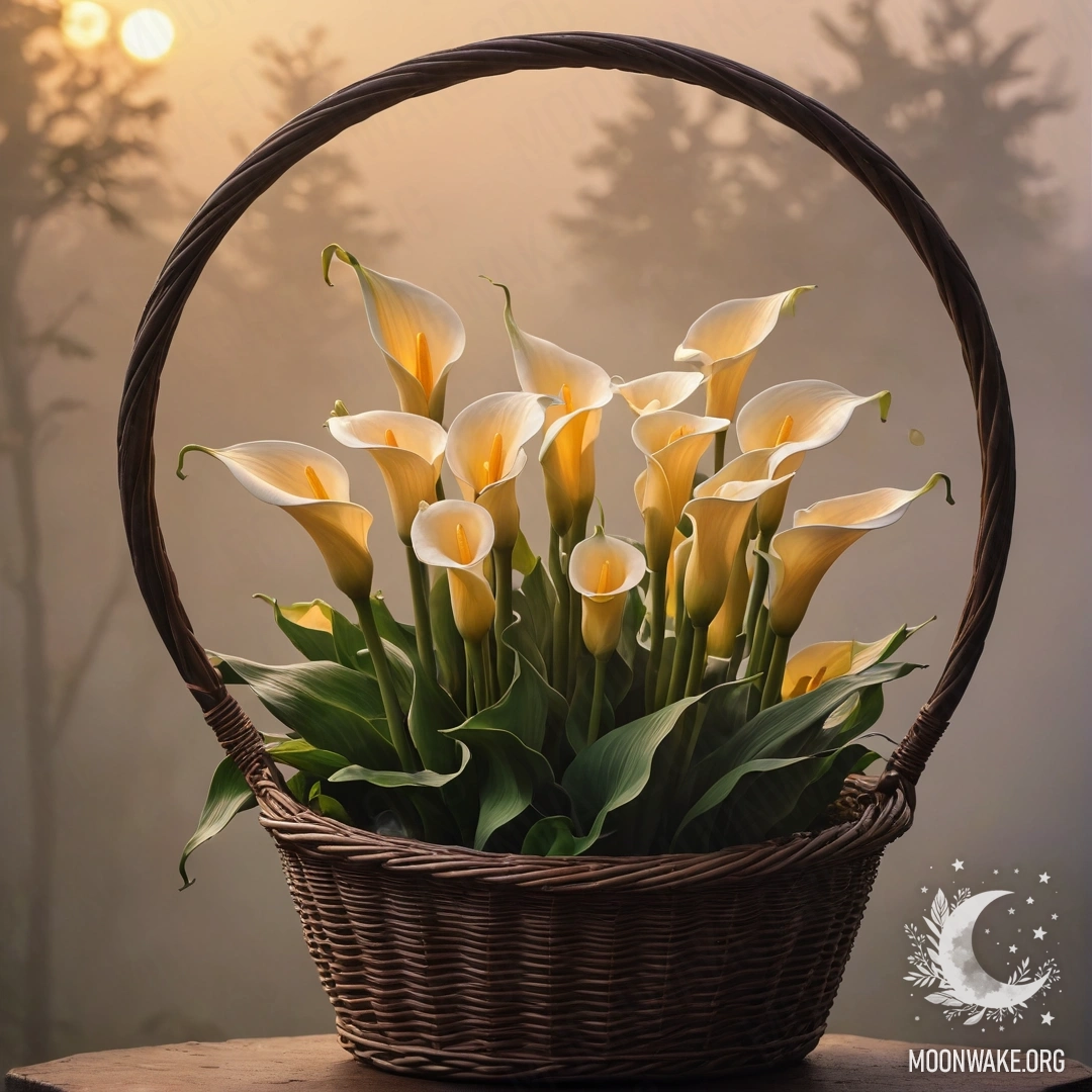 Цифровая картина с кофе-colored лилиями в корзине, окружёнными туманом на закате.