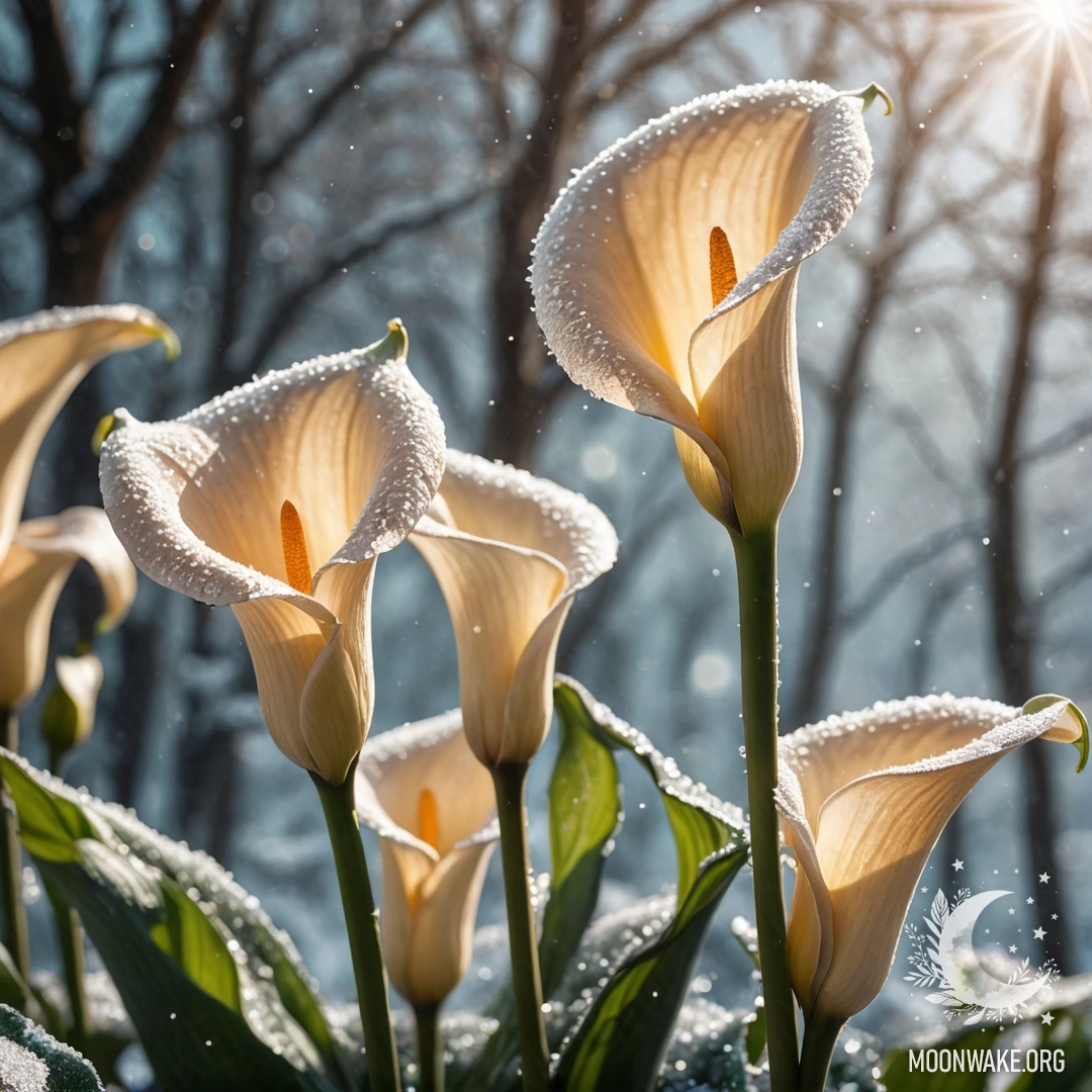 Минималистичная композиция из лилий, покрытых морозом, с солнечными лучами