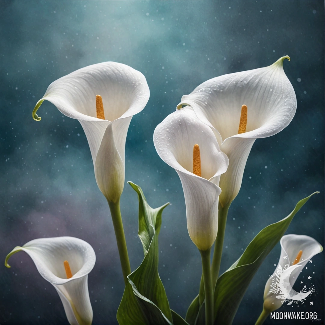 Спокойный натюрморт с лилиями, окутанными дымкой на фоне ночного неба голубого цвета.