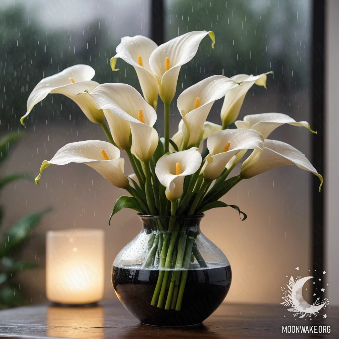 Элегантная ваза с пастельными лилиями под дождем на закате.
