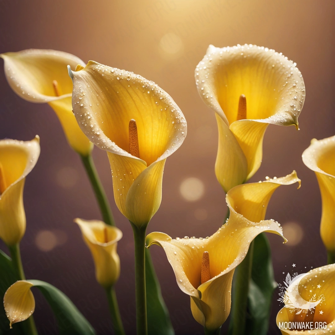 Спокойная цифровая картина с желтыми лилиями на закате, украшенными стразами.